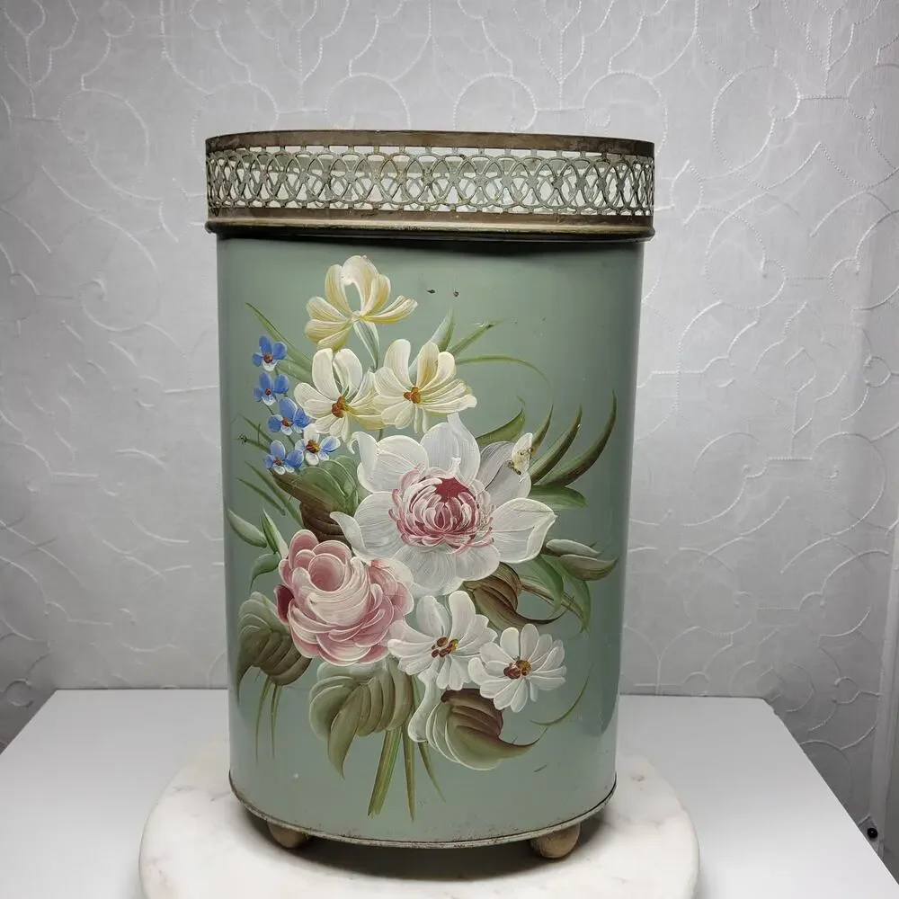Vintage Plymouth Tole Hand Painted Umbrella Stand Metal Toleware Ball Footed
